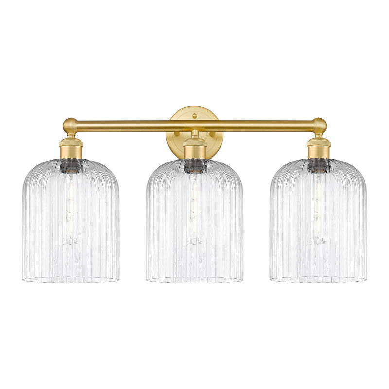 Innovations Bridal Veil 23in 3-Light Bath Vanity Light | Art Nouveau Satin Gold Steel and Clear Ribbed Glass | Damp Rated | Model 616-3W-SG-G559-8CL