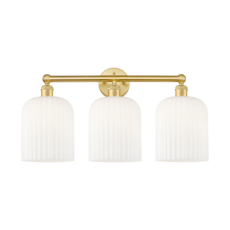 Innovations Bridal Veil 23in 3-Light Bath Vanity | Satin Gold Steel and Cast Brass with Gloss White Ribbed Glass Shades | Art | Model 616-3W-SG-G559-8GWH