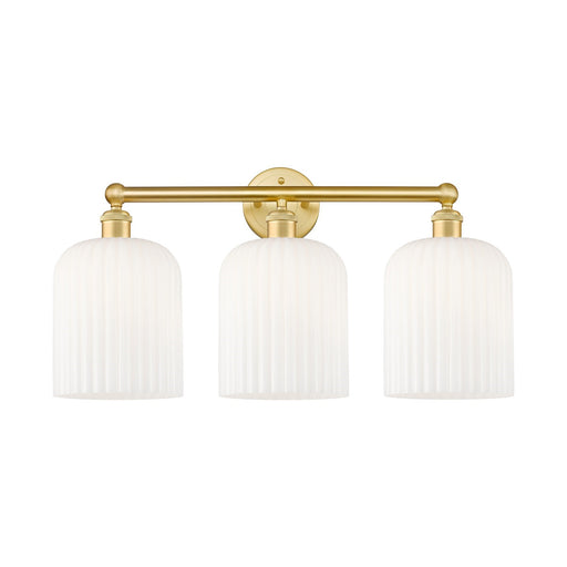 Innovations Bridal Veil 23in 3-Light Bath Vanity | Satin Gold Steel and Cast Brass with Gloss White Ribbed Glass Shades | Art | Model 616-3W-SG-G559-8GWH