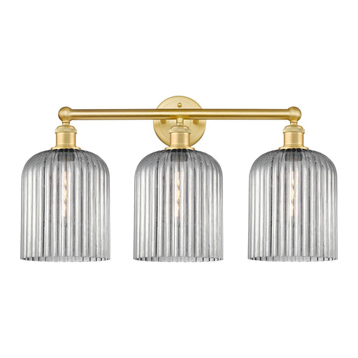 Innovations Bridal Veil 23in 3-Light Bath Vanity Light | Art Nouveau Satin Gold Steel and Cast Brass with Light Smoke Ribbed | Model 616-3W-SG-G559-8SM