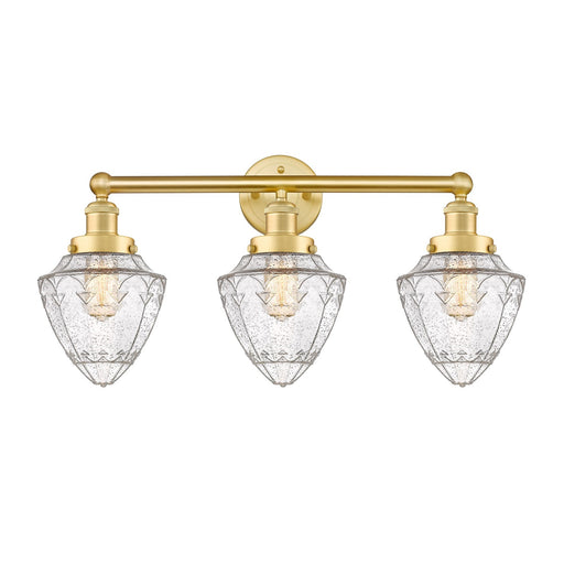 Innovations Bullet 25in 3-Light Bath Vanity Light | Industrial Satin Gold Steel and Cast Brass with Seedy Glass Shades | Bathroom | Model 616-3W-SG-G664-7