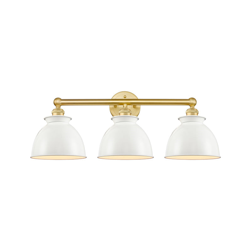 Innovations Adirondack 26in 3-Light Bath Vanity Light | Industrial Farmhouse Satin Gold Steel and Cast Brass with Glossy White | Model 616-3W-SG-M14-W