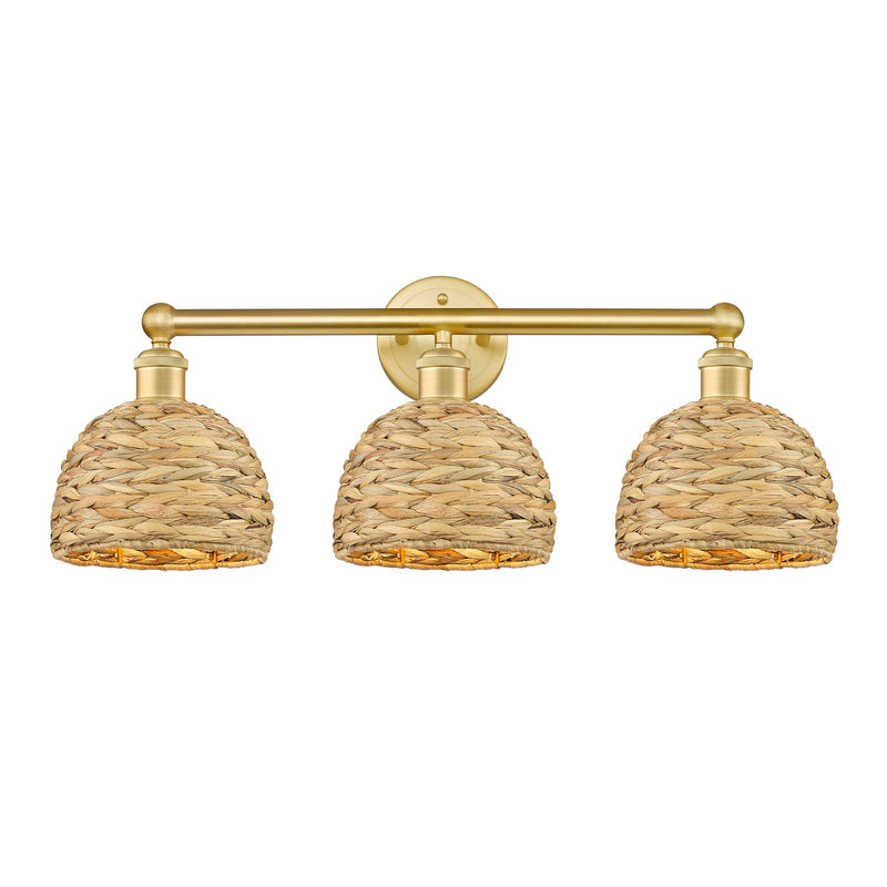 Innovations Woven Rattan 26in 3-Light Bath Vanity | Industrial Satin Gold Steel and Cast Brass with Natural Fiber Dome Shades | Model 616-3W-SG-RBD-8-NAT