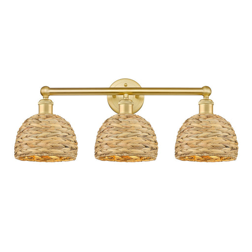 Innovations Woven Rattan 26in 3-Light Bath Vanity | Industrial Satin Gold Steel and Cast Brass with Natural Fiber Dome Shades | Model 616-3W-SG-RBD-8-NAT