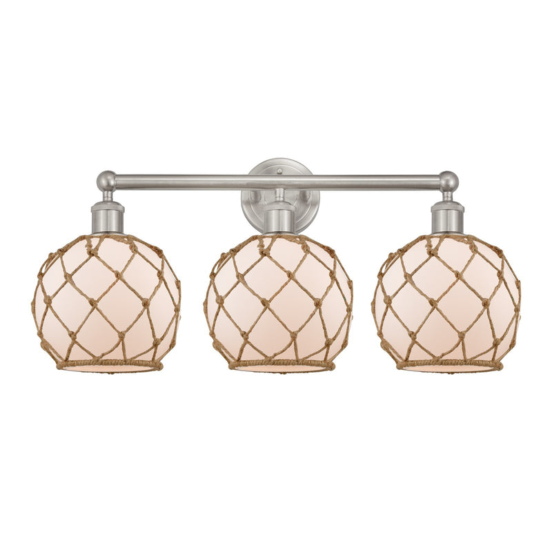 Innovations Farmhouse Rope 26in 3-Light Bath Vanity Light | Industrial Brushed Satin Nickel and White Frosted Glass with Brown | Model 616-3W-SN-G121-8RB