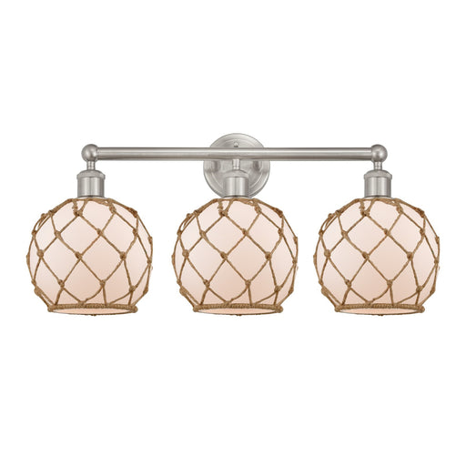 Innovations Farmhouse Rope 26in 3-Light Bath Vanity Light | Industrial Brushed Satin Nickel and White Frosted Glass with Brown | Model 616-3W-SN-G121-8RB