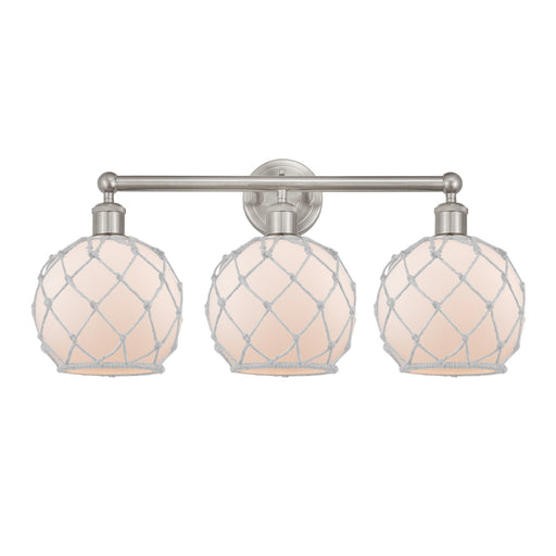 Innovations Farmhouse Rope 26in 3-Light Bath Vanity Light | Industrial Brushed Satin Nickel and White Frosted Glass with Rope | Model 616-3W-SN-G121-8RW