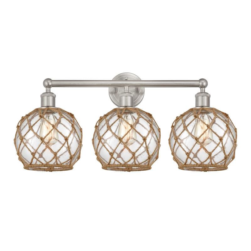 Innovations Farmhouse Rope 26in 3-Light Bath Vanity Light | Industrial Brushed Satin Nickel and Clear Glass with Brown Rope | Model 616-3W-SN-G122-8RB