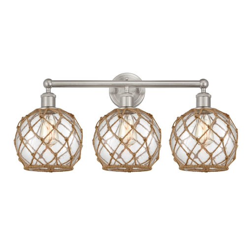 Innovations Farmhouse Rope 26in 3-Light Bath Vanity Light | Industrial Brushed Satin Nickel and Clear Glass with Brown Rope | Model 616-3W-SN-G122-8RB