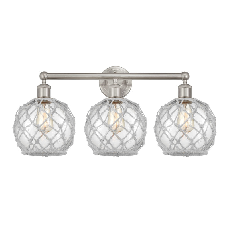 Innovations Farmhouse Rope 26in 3-Light Bath Vanity Light | Industrial Brushed Satin Nickel and Clear Glass with White Rope | Model 616-3W-SN-G122-8RW