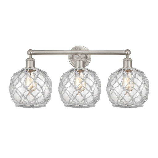 Innovations Farmhouse Rope 26in 3-Light Bath Vanity Light | Industrial Brushed Satin Nickel and Clear Glass with White Rope | Model 616-3W-SN-G122-8RW
