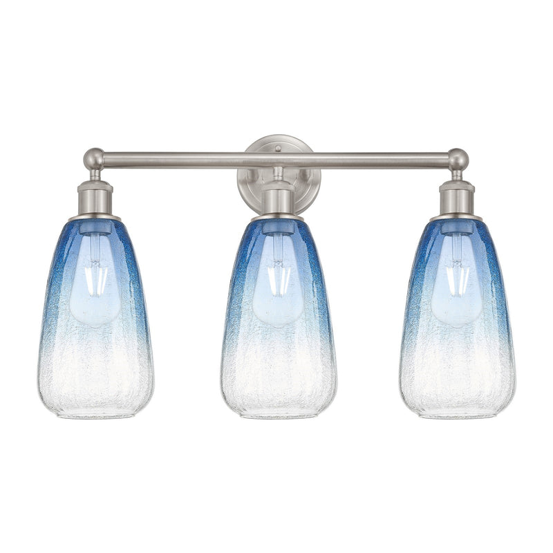 Innovations Brookhaven Almond 24in 3-Light Bath Vanity Light | Industrial Brushed Satin Nickel and Sapphire Blue Glass | Model 616-3W-SN-G480-6SB