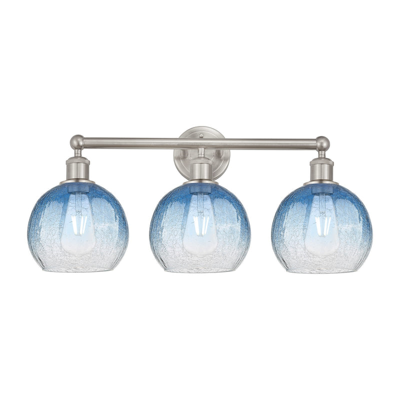Innovations Brookhaven Globe 26in 3-Light Bath Vanity Light | Industrial Brushed Satin Nickel and Sapphire Blue Glass | Model 616-3W-SN-G483-8SB