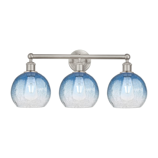 Innovations Brookhaven Globe 26in 3-Light Bath Vanity Light | Industrial Brushed Satin Nickel and Sapphire Blue Glass | Model 616-3W-SN-G483-8SB