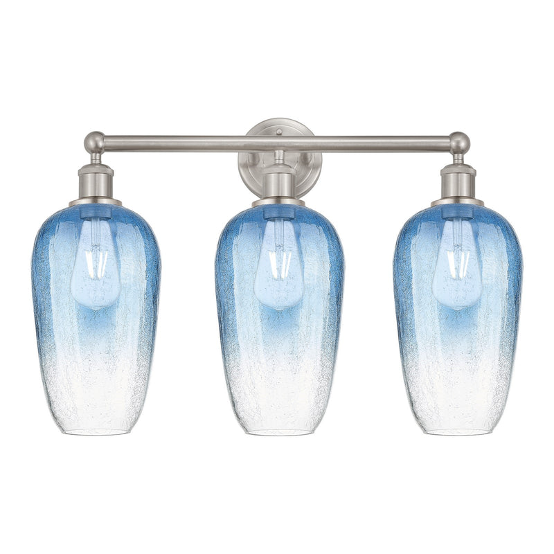 Innovations Brookhaven Flute 25in 3-Light Bath Vanity Light | Industrial Brushed Satin Nickel and Sapphire Blue Glass | Model 616-3W-SN-G484-7SB
