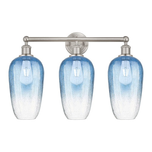 Innovations Brookhaven Flute 25in 3-Light Bath Vanity Light | Industrial Brushed Satin Nickel and Sapphire Blue Glass | Model 616-3W-SN-G484-7SB