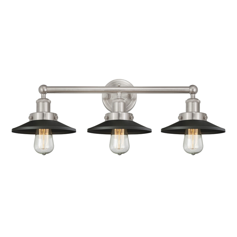 Innovations Railroad 26in 3-Light Bath Vanity | Traditional Industrial Brushed Satin Nickel and Matte Black Metal Shade | Bathroom | Model 616-3W-SN-M6-BK