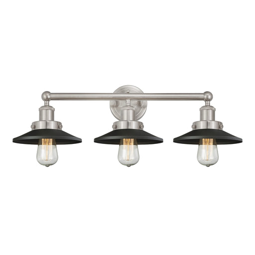 Innovations Railroad 26in 3-Light Bath Vanity | Traditional Industrial Brushed Satin Nickel and Matte Black Metal Shade | Bathroom | Model 616-3W-SN-M6-BK