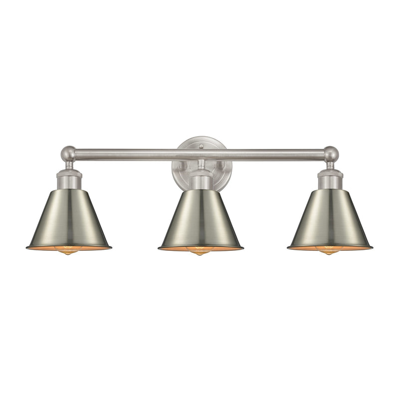 Innovations Smithfield 25in 3-Light Bath Vanity Light | Industrial Farmhouse Brushed Satin Nickel Steel and Metal Cone Shade | Model 616-3W-SN-M8-SN