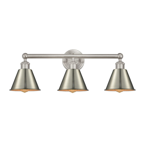 Innovations Smithfield 25in 3-Light Bath Vanity Light | Industrial Farmhouse Brushed Satin Nickel Steel and Metal Cone Shade | Model 616-3W-SN-M8-SN