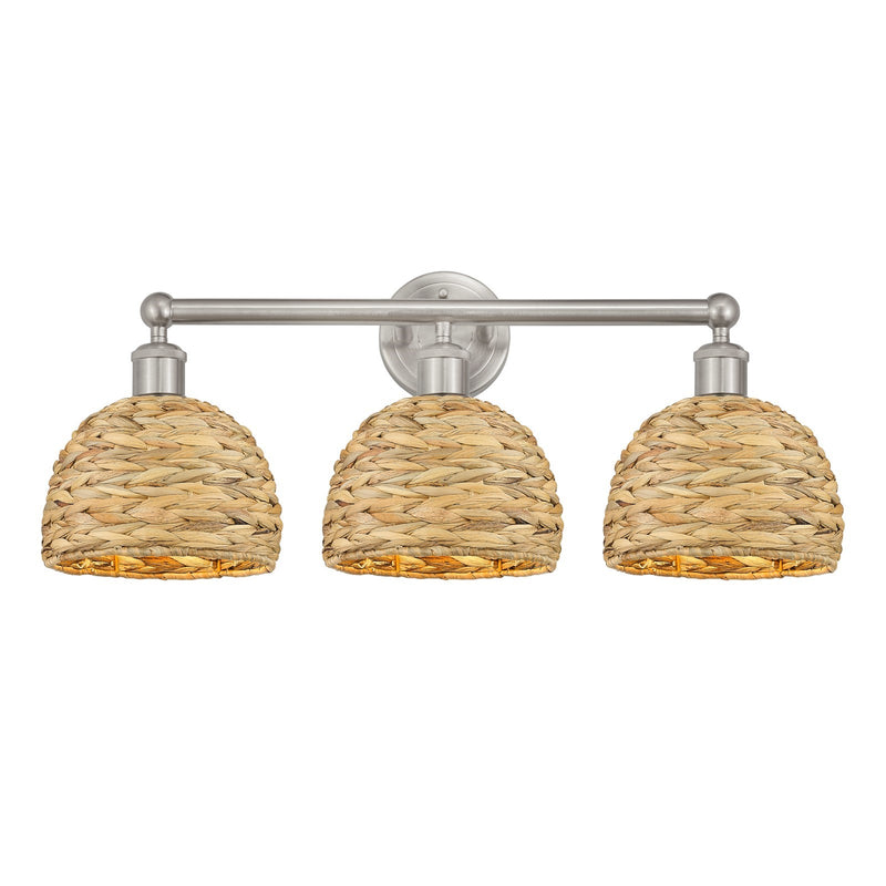 Innovations Woven Rattan 26in 3-Light Bath Vanity Light | Industrial Brushed Satin Nickel and Natural Fiber Dome Shade | Model 616-3W-SN-RBD-8-NAT