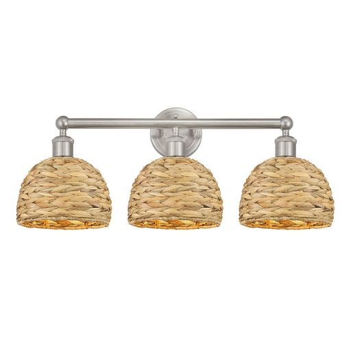 Innovations Woven Rattan 26in 3-Light Bath Vanity Light | Industrial Brushed Satin Nickel and Natural Fiber Dome Shade | Model 616-3W-SN-RBD-8-NAT