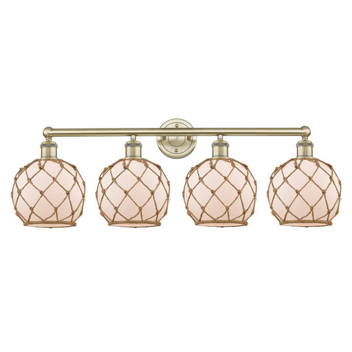 Innovations Farmhouse Rope 35in 4-Light Bath Vanity | Industrial Antique Brass Steel and White Frosted Glass with Brown Rope | Model 616-4W-AB-G121-8RB