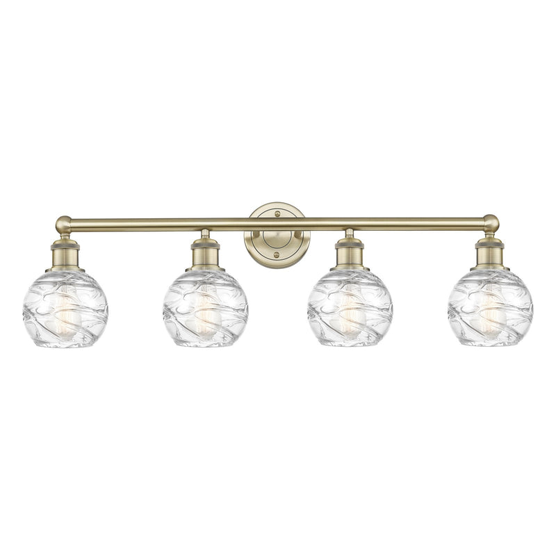 Innovations Athens Deco Swirl 33in 4-Light Bath Vanity Light | Industrial Antique Brass Steel and Clear Deco Swirl Glass | Model 616-4W-AB-G1213-6CL