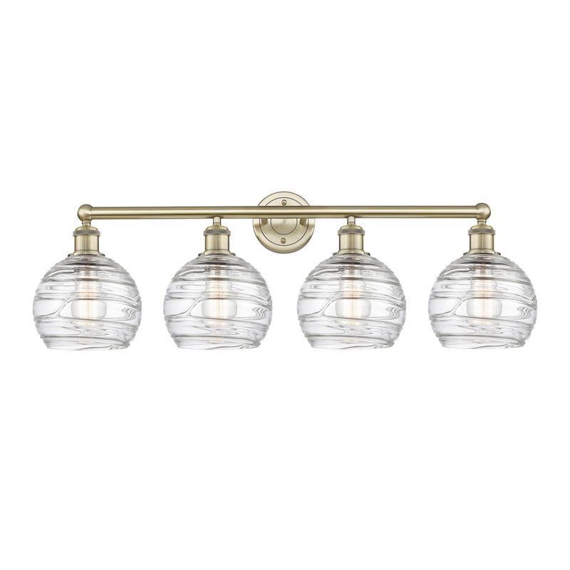 Innovations Athens Deco Swirl 35in 4-Light Bath Vanity | Industrial Antique Brass Steel and Clear Deco Swirl Glass | Bathroom | Model 616-4W-AB-G1213-8CL