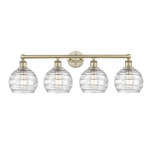 Innovations Athens Deco Swirl 35in 4-Light Bath Vanity | Industrial Antique Brass Steel and Clear Deco Swirl Glass | Bathroom | Model 616-4W-AB-G1213-8CL