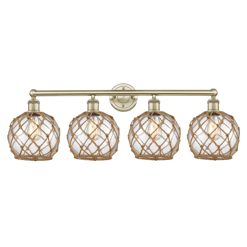 Innovations Farmhouse Rope 35in 4-Light Bath Vanity Light | Industrial Antique Brass and Clear Glass with Brown Rope | Bathroom | Model 616-4W-AB-G122-8RB