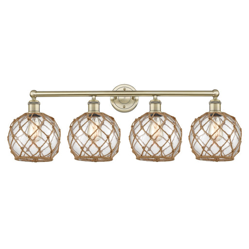 Innovations Farmhouse Rope 35in 4-Light Bath Vanity Light | Industrial Antique Brass and Clear Glass with Brown Rope | Bathroom | Model 616-4W-AB-G122-8RB