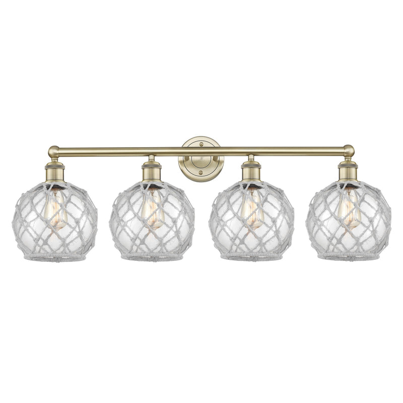 Innovations Farmhouse Rope 35in 4-Light Bath Vanity Light | Industrial Antique Brass and Clear Glass with White Rope | Bathroom | Model 616-4W-AB-G122-8RW