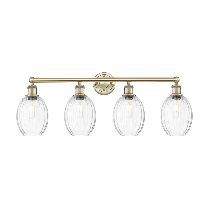 Innovations Preston Bulb 33in 4-Light Bath Vanity Light | Industrial Antique Brass Steel and Clear Glass | Bathroom Vanity | Model 616-4W-AB-G459-6CL