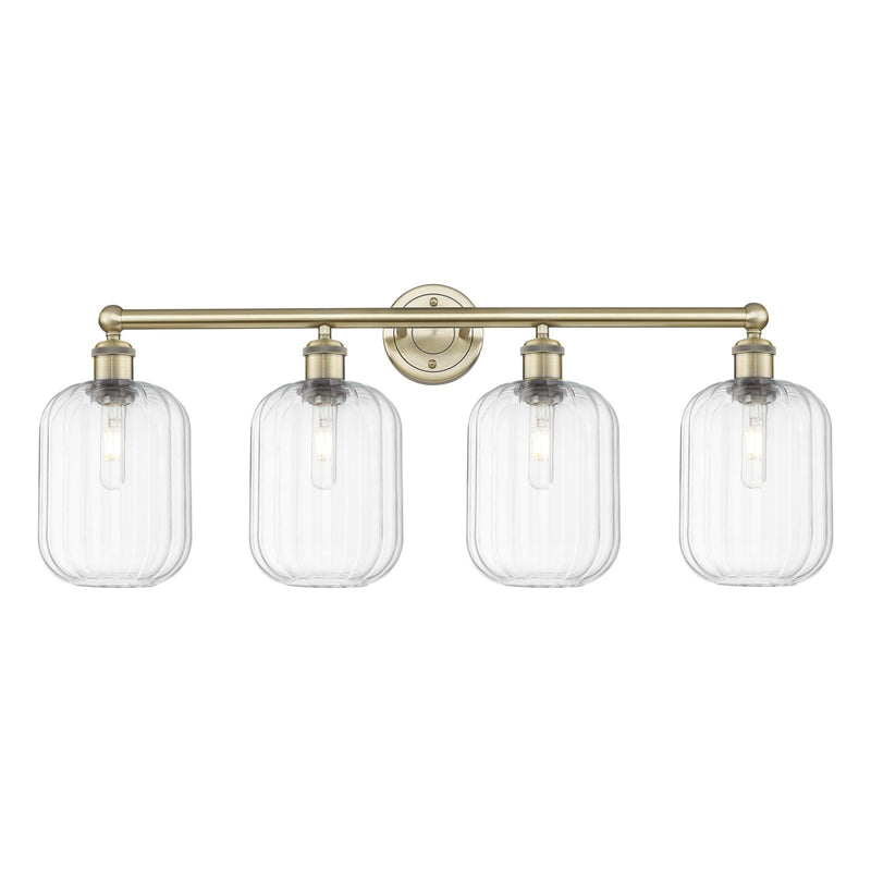 Innovations Preston Cylinder 34in 4-Light Bath Vanity Light | Industrial Antique Brass and Clear Glass | Bathroom Vanity | Model 616-4W-AB-G460-7CL