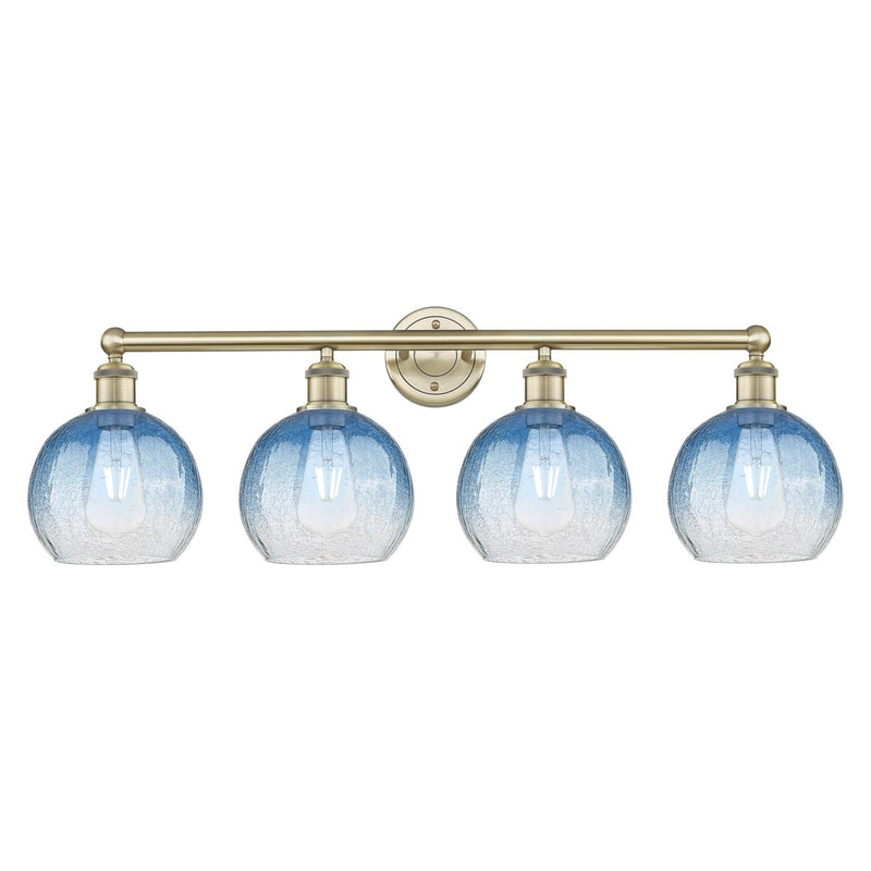 Innovations Brookhaven Globe 35in 4-Light Bath Vanity Light | Industrial Antique Brass and Sapphire Blue Glass | Bathroom | Model 616-4W-AB-G483-8SB