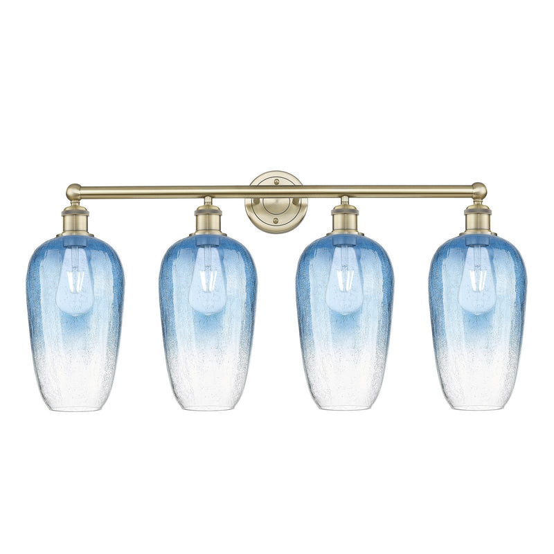 Innovations Brookhaven Flute 34in 4-Light Bath Vanity | Industrial Antique Brass Steel and Sapphire Blue Glass | Bathroom | Model 616-4W-AB-G484-7SB