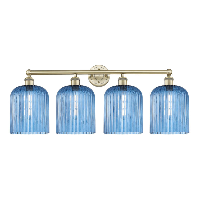 Innovations Bridal Veil 32in 4-Light Bath Vanity | Art Nouveau Antique Brass Steel and Princess Blue Ribbed Glass | Bathroom | Model 616-4W-AB-G559-8BL