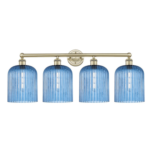 Innovations Bridal Veil 32in 4-Light Bath Vanity | Art Nouveau Antique Brass Steel and Princess Blue Ribbed Glass | Bathroom | Model 616-4W-AB-G559-8BL