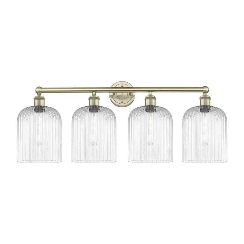 Innovations Bridal Veil 32in 4-Light Bath Vanity | Industrial Art Nouveau Antique Brass and Clear Ribbed Glass | Bathroom | Model 616-4W-AB-G559-8CL