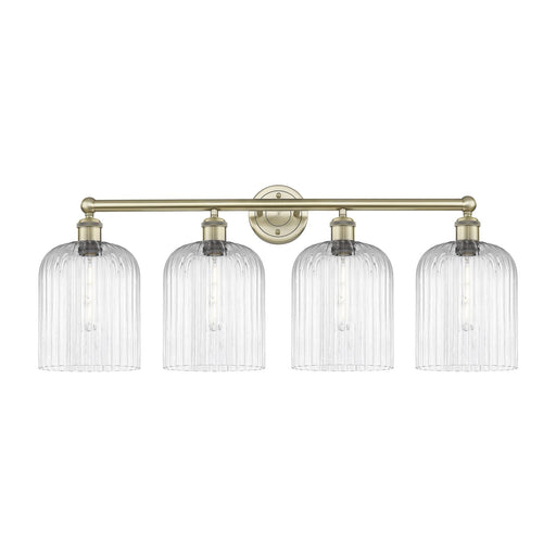 Innovations Bridal Veil 32in 4-Light Bath Vanity | Industrial Art Nouveau Antique Brass and Clear Ribbed Glass | Bathroom | Model 616-4W-AB-G559-8CL