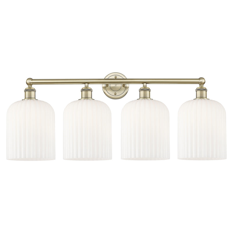 Innovations Bridal Veil 32in 4-Light Bath Vanity Light | Industrial Art Nouveau Antique Brass and Gloss White Ribbed Glass | Model 616-4W-AB-G559-8GWH