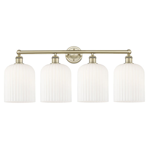 Innovations Bridal Veil 32in 4-Light Bath Vanity Light | Industrial Art Nouveau Antique Brass and Gloss White Ribbed Glass | Model 616-4W-AB-G559-8GWH