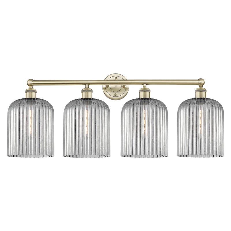 Innovations Bridal Veil 32in 4-Light Bath Vanity | Art Nouveau Industrial Antique Brass and Light Smoke Ribbed Glass | Bathroom | Model 616-4W-AB-G559-8SM