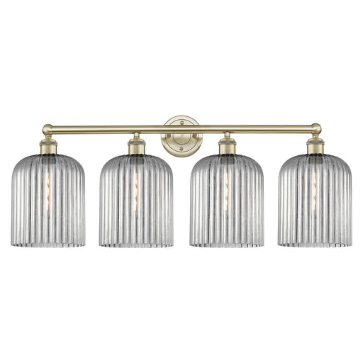 Innovations Bridal Veil 32in 4-Light Bath Vanity | Art Nouveau Industrial Antique Brass and Light Smoke Ribbed Glass | Bathroom | Model 616-4W-AB-G559-8SM