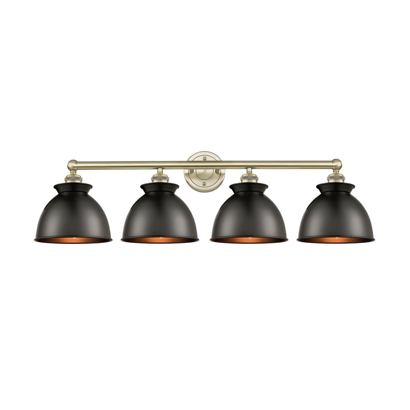 Innovations Adirondack 35in 4-Light Bath Vanity | Industrial Farmhouse Antique Brass and Matte Black Metal Shade | Bathroom | Model 616-4W-AB-M14-BK