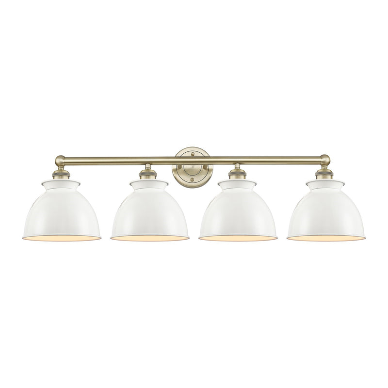 Innovations Adirondack 35in 4-Light Bath Vanity | Industrial Farmhouse Antique Brass and Glossy White Metal Shade | Bathroom | Model 616-4W-AB-M14-W