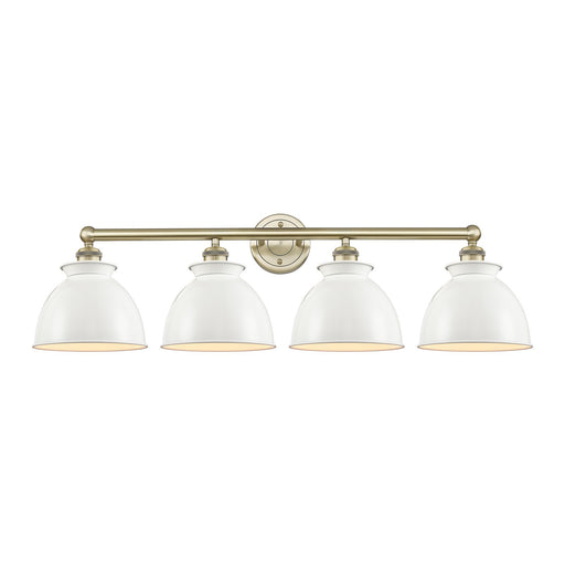 Innovations Adirondack 35in 4-Light Bath Vanity | Industrial Farmhouse Antique Brass and Glossy White Metal Shade | Bathroom | Model 616-4W-AB-M14-W