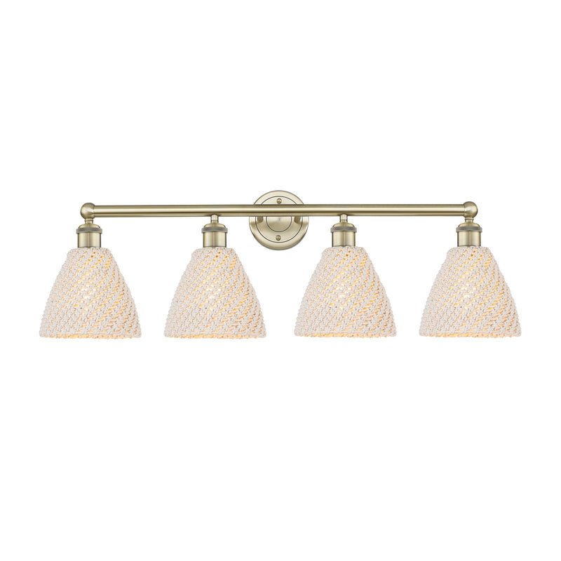 Innovations Bristol Natural 34.5in 4-Light Bath Vanity Light | Industrial Antique Brass Steel and Natural Fiber Shade | Damp | Model 616-4W-AB-NBD-75-NAT