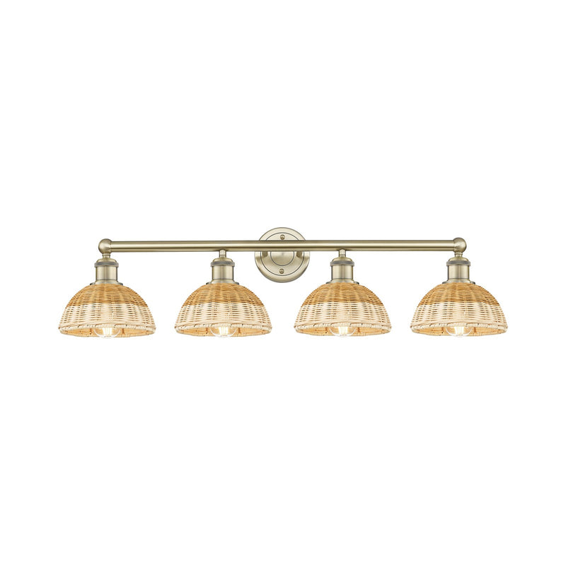 Innovations Bristol Natural II 35in 4-Light Bath Vanity Light | Industrial Antique Brass Steel and Natural Fiber Shade | Model 616-4W-AB-NBD2-75-NAT